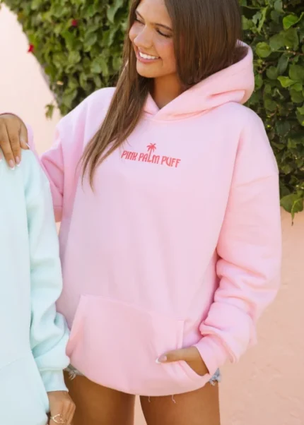 Classic Puff Hoodie in Pink Front Closeup 510x714 (2)